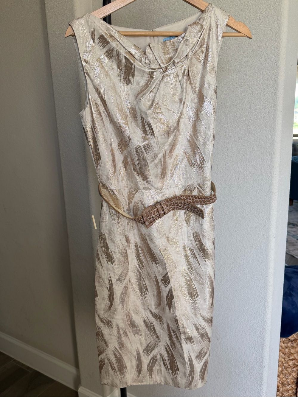 ANTONIO MELANI Metallic Feather-Print Sleeveless Midi Dress Cream and Brown 4